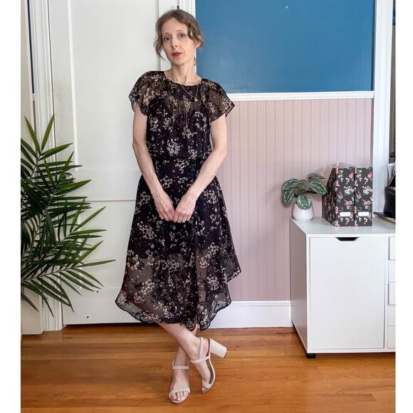 PARKER Tegan Floral Textured Ruffle Midi Dress black silk 3123 - Picture 7 of 7